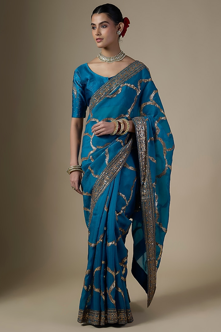 Teal Blue Pure Silk Organza Hand Embroidered Wedding Saree Set by Ranbir Mukherjee at Pernia's Pop Up Shop