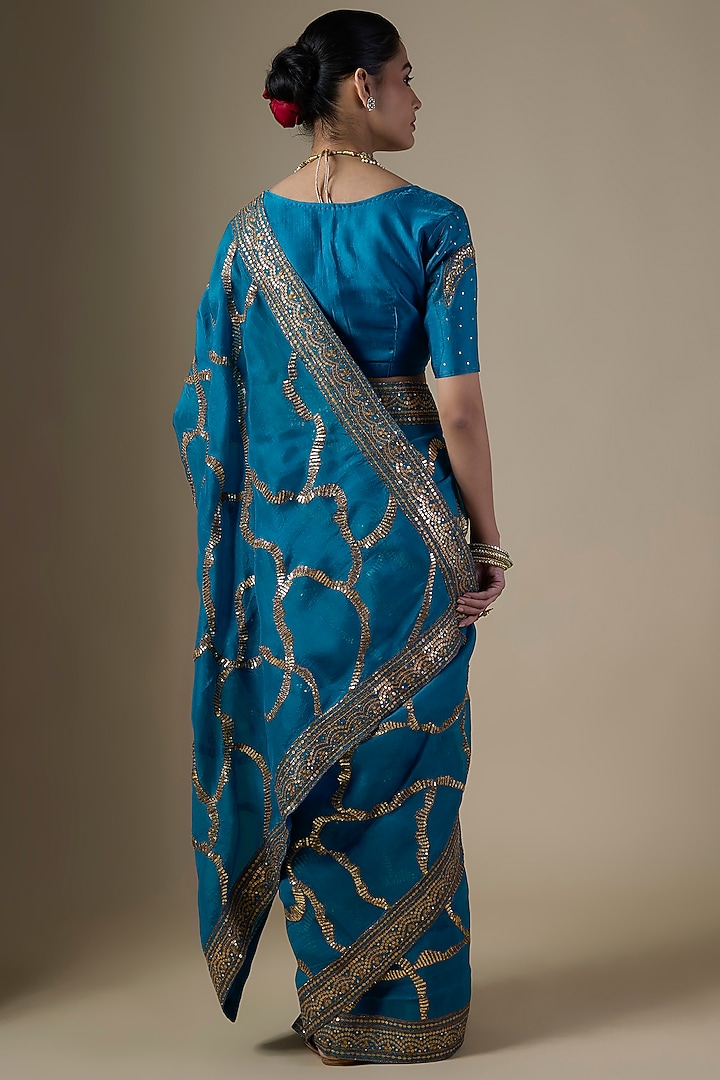 Teal Blue Pure Silk Organza Hand Embroidered Wedding Saree Set by Ranbir Mukherjee at Pernia's Pop Up Shop