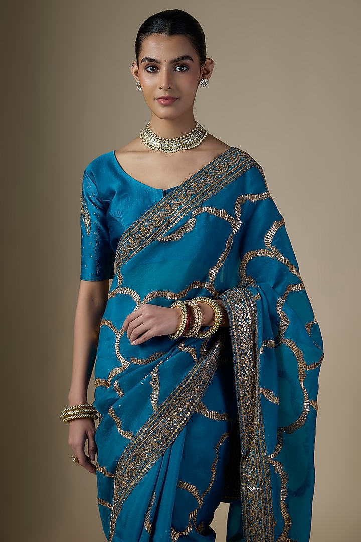 Teal Blue Pure Silk Organza Hand Embroidered Wedding Saree Set by Ranbir Mukherjee at Pernia's Pop Up Shop
