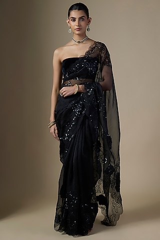 Black Pure Silk Organza Tonal Embroidered Saree Set by Ranbir Mukherjee