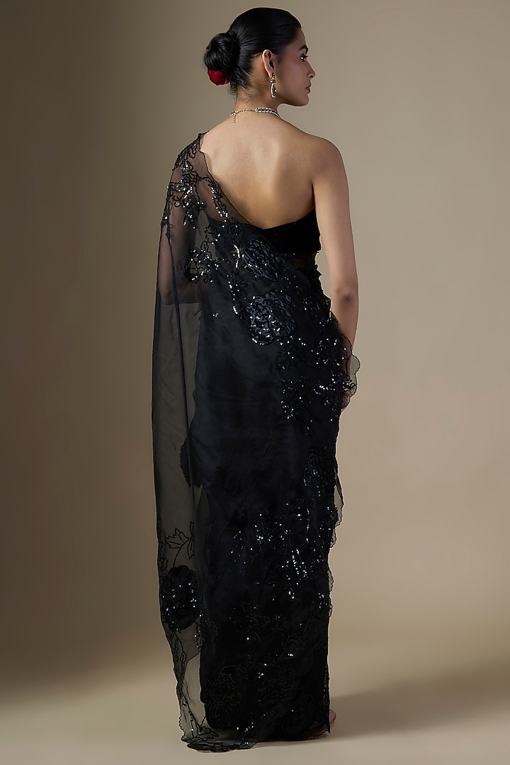 Black Pure Silk Organza Tonal Embroidered Wedding Saree Set by Ranbir Mukherjee at Pernia's Pop Up Shop