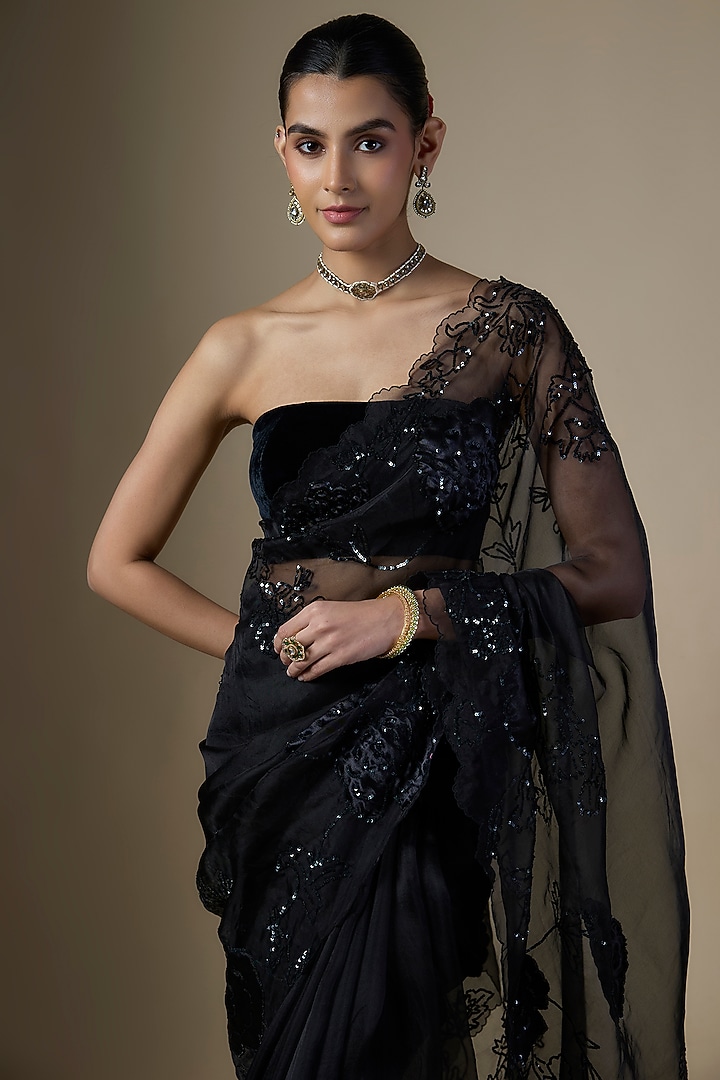 Black Pure Silk Organza Tonal Embroidered Wedding Saree Set by Ranbir Mukherjee at Pernia's Pop Up Shop