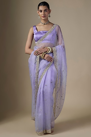 Light Purple Pure Silk Organza Hand Embroidered Saree Set by Ranbir Mukherjee