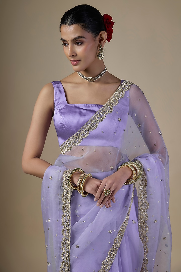 Light Purple Pure Silk Organza Hand Embroidered Wedding Saree Set by Ranbir Mukherjee at Pernia's Pop Up Shop