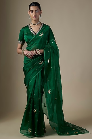 Green Pure Silk Organza Hand Embroidered Saree Set by Ranbir Mukherjee