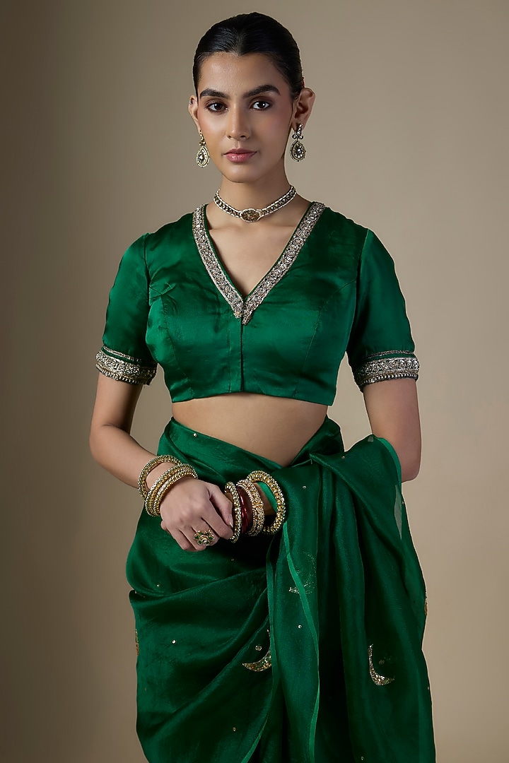 Green Pure Silk Organza Hand Embroidered Party Wear Saree Set by Ranbir Mukherjee at Pernia's Pop Up Shop