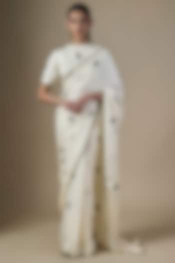 White Pure Satin Silk Organza Hand Embroidered Party Wear Saree Set by Ranbir Mukherjee at Pernia's Pop Up Shop