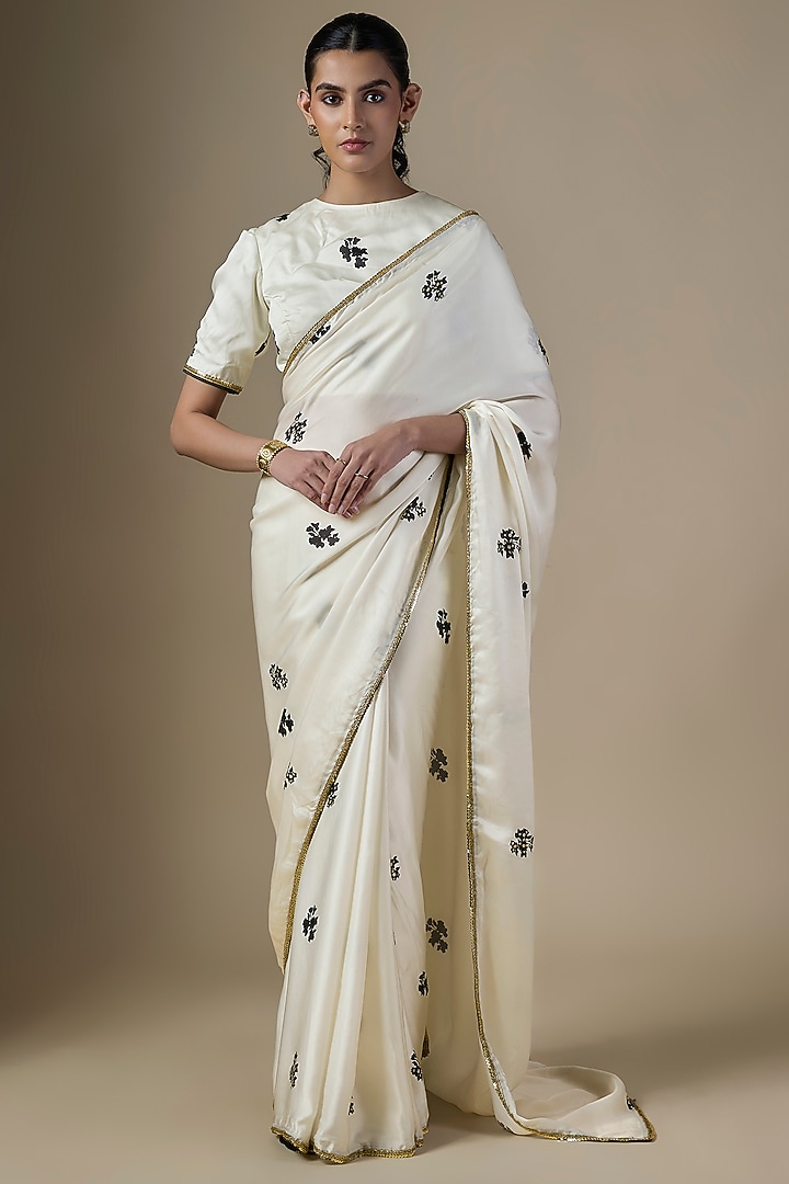 White Pure Satin Silk Organza Hand Embroidered Party Wear Saree Set by Ranbir Mukherjee at Pernia's Pop Up Shop