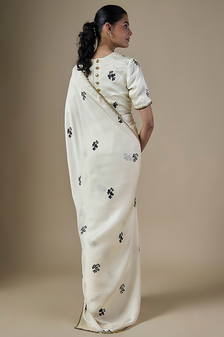 White Pure Satin Silk Organza Hand Embroidered Party Wear Saree Set by Ranbir Mukherjee at Pernia's Pop Up Shop