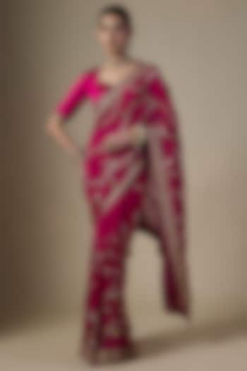 Pink Georgette Hand Embroidered Reception Saree Set by Ranbir Mukherjee at Pernia's Pop Up Shop