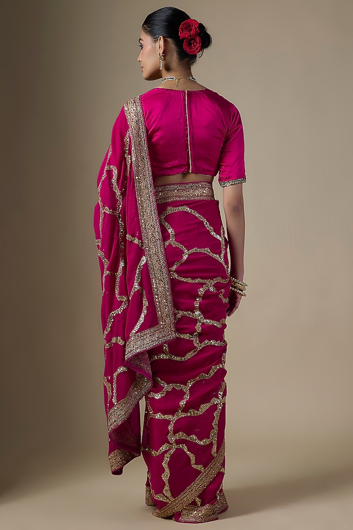 Pink Georgette Hand Embroidered Reception Saree Set by Ranbir Mukherjee at Pernia's Pop Up Shop