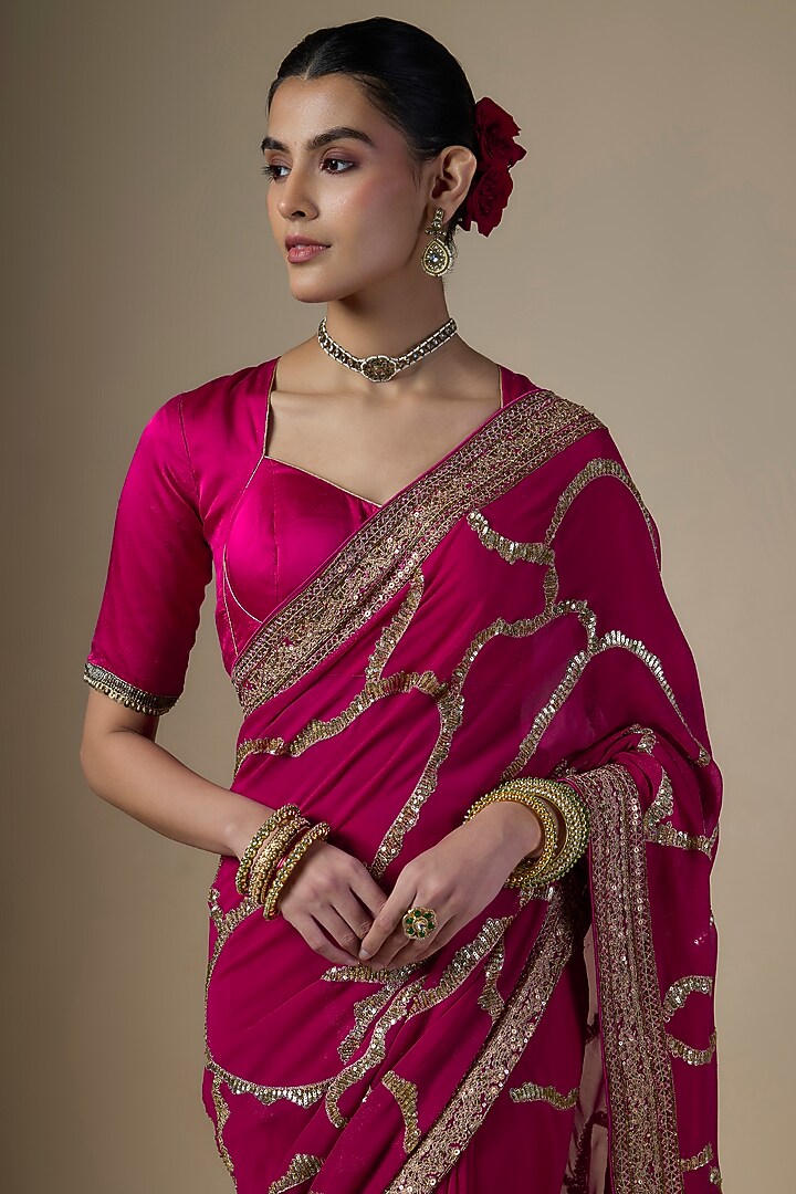 Pink Georgette Hand Embroidered Reception Saree Set by Ranbir Mukherjee at Pernia's Pop Up Shop