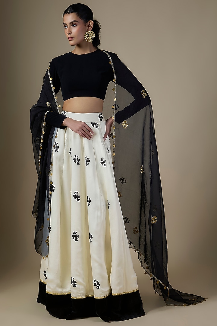 White Pure Satin Silk Embroidered & Printed Wedding Lehenga Set by Ranbir Mukherjee at Pernia's Pop Up Shop