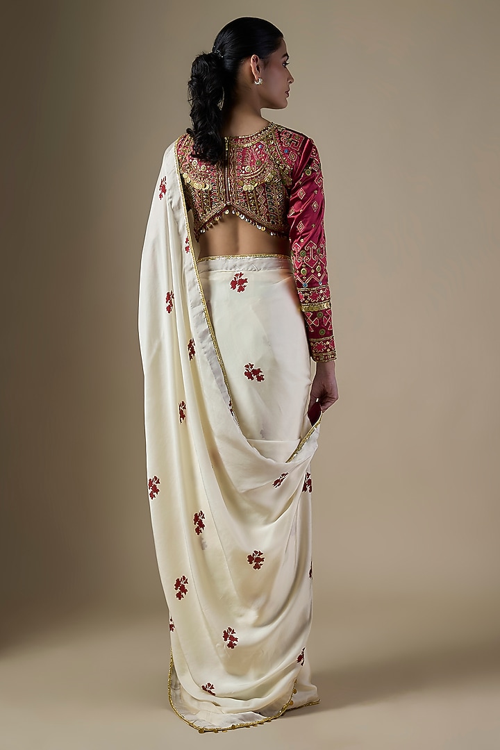 White Pure Satin Silk Printed & Embroidered Wedding Saree Set by Ranbir Mukherjee at Pernia's Pop Up Shop
