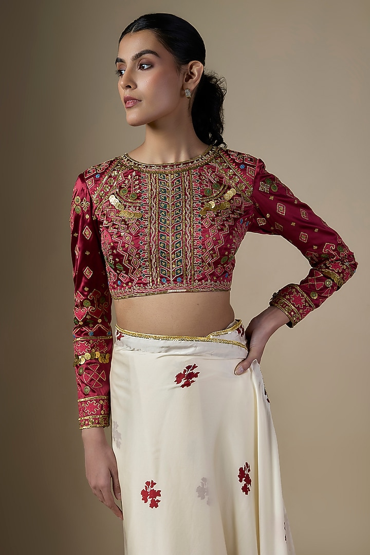 White Pure Satin Silk Printed & Embroidered Wedding Saree Set by Ranbir Mukherjee at Pernia's Pop Up Shop