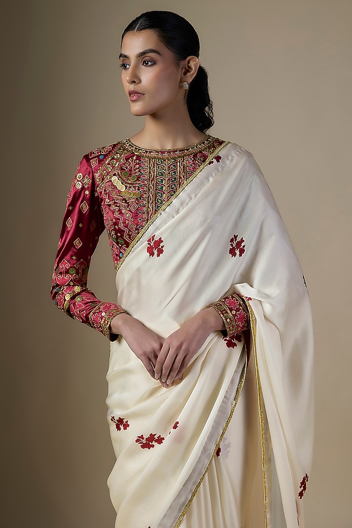 White Pure Satin Silk Printed & Embroidered Wedding Saree Set by Ranbir Mukherjee at Pernia's Pop Up Shop