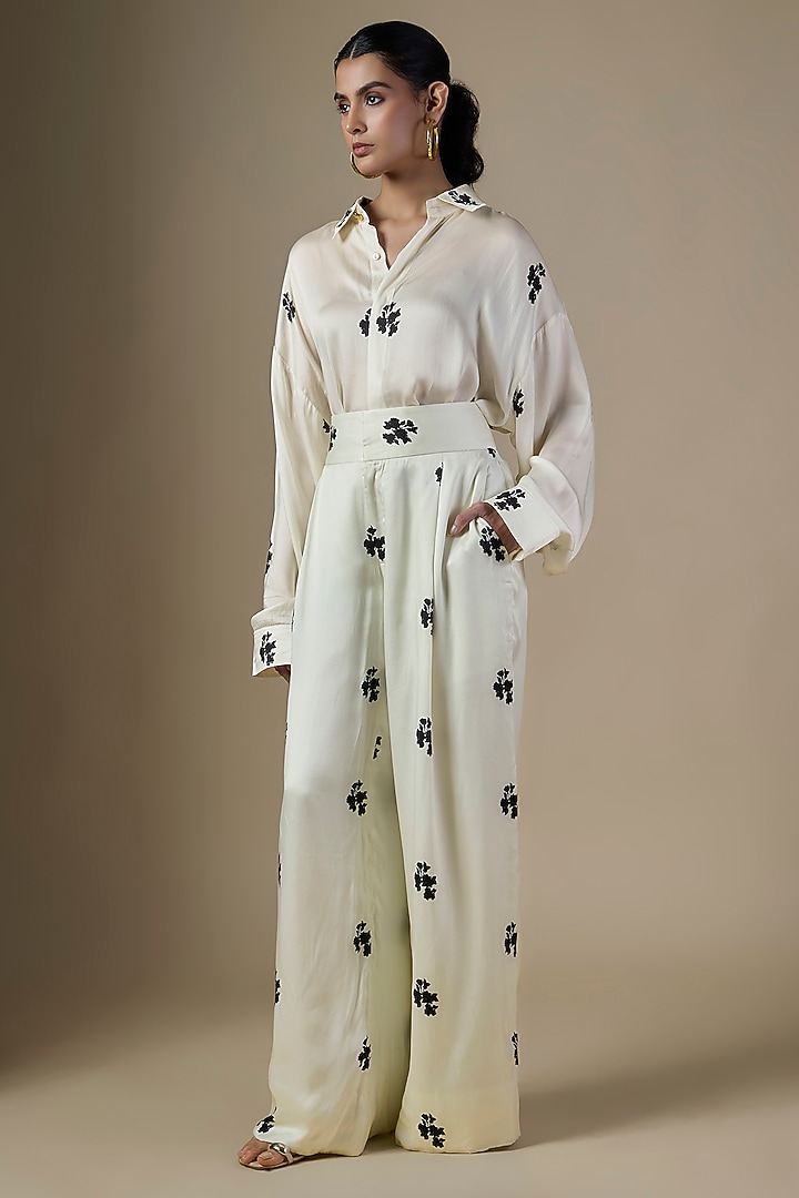 White Pure Satin Silk Printed Co-Ord Set by Ranbir Mukherjee at Pernia's Pop Up Shop