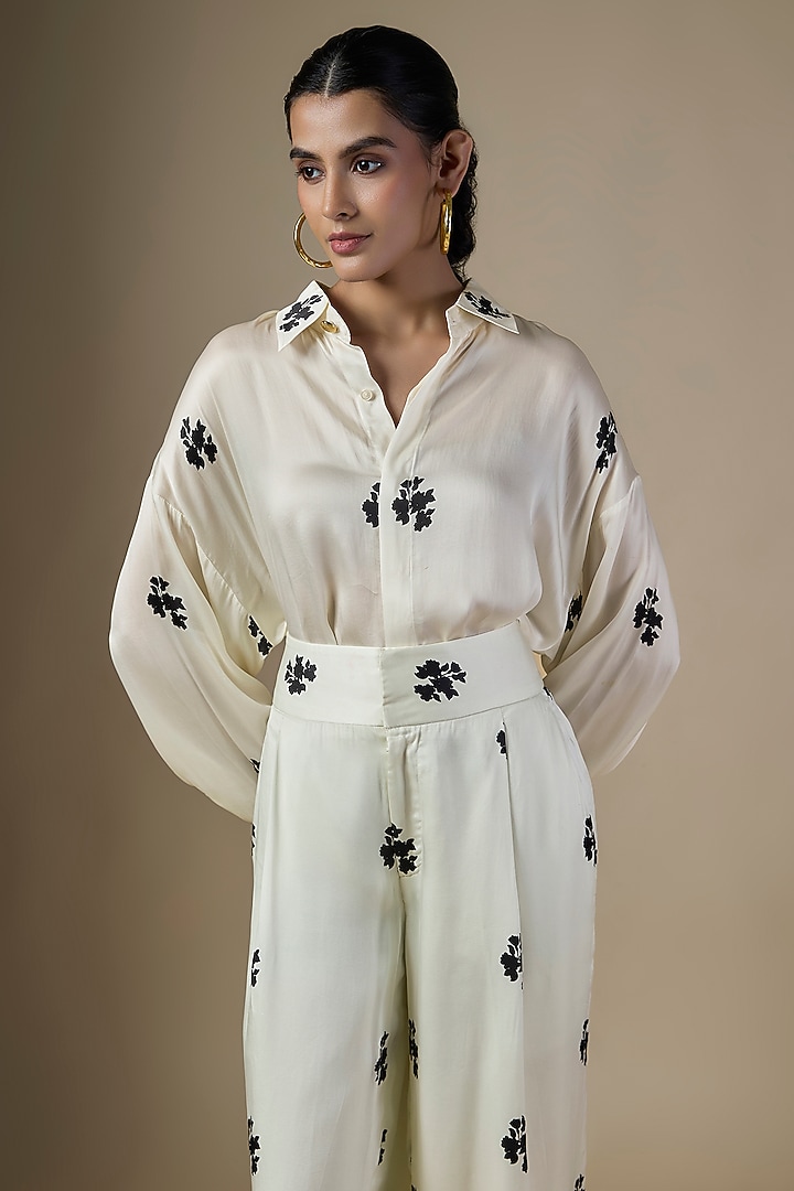 White Pure Satin Silk Printed Co-Ord Set by Ranbir Mukherjee at Pernia's Pop Up Shop