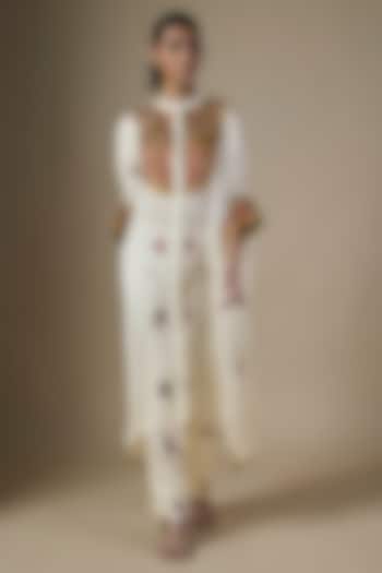 White Pure Satin Silk Printed & Embroidered Kaftan Set by Ranbir Mukherjee at Pernia's Pop Up Shop