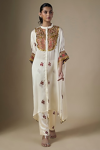 White Pure Satin Silk Printed & Embroidered Kaftan Set by Ranbir Mukherjee