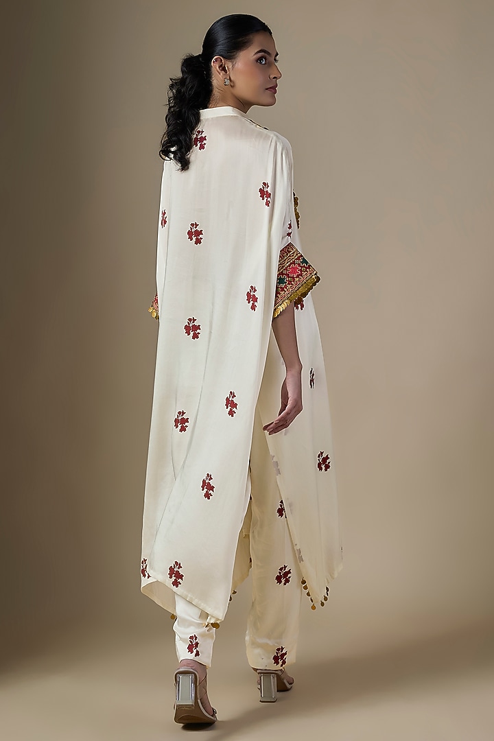 White Pure Satin Silk Printed & Embroidered Kaftan Set by Ranbir Mukherjee at Pernia's Pop Up Shop