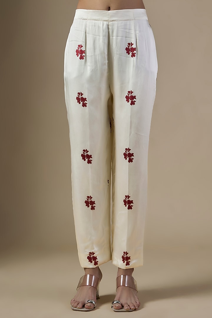 White Pure Satin Silk Printed & Embroidered Kaftan Set by Ranbir Mukherjee at Pernia's Pop Up Shop