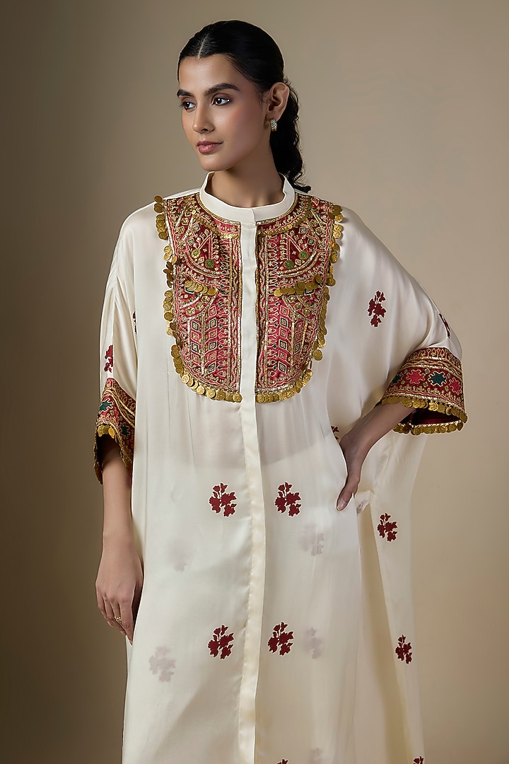 White Pure Satin Silk Printed & Embroidered Kaftan Set by Ranbir Mukherjee at Pernia's Pop Up Shop