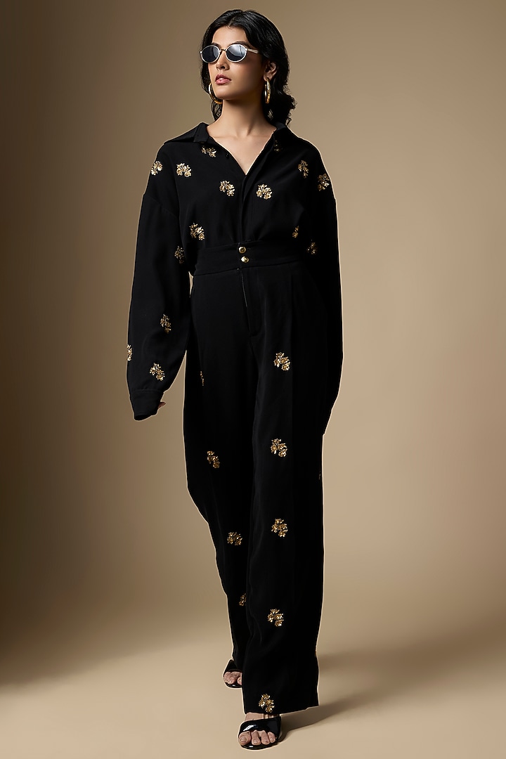 Black Crepe Sequins Embroidered Co-Ord Set by Ranbir Mukherjee at Pernia's Pop Up Shop