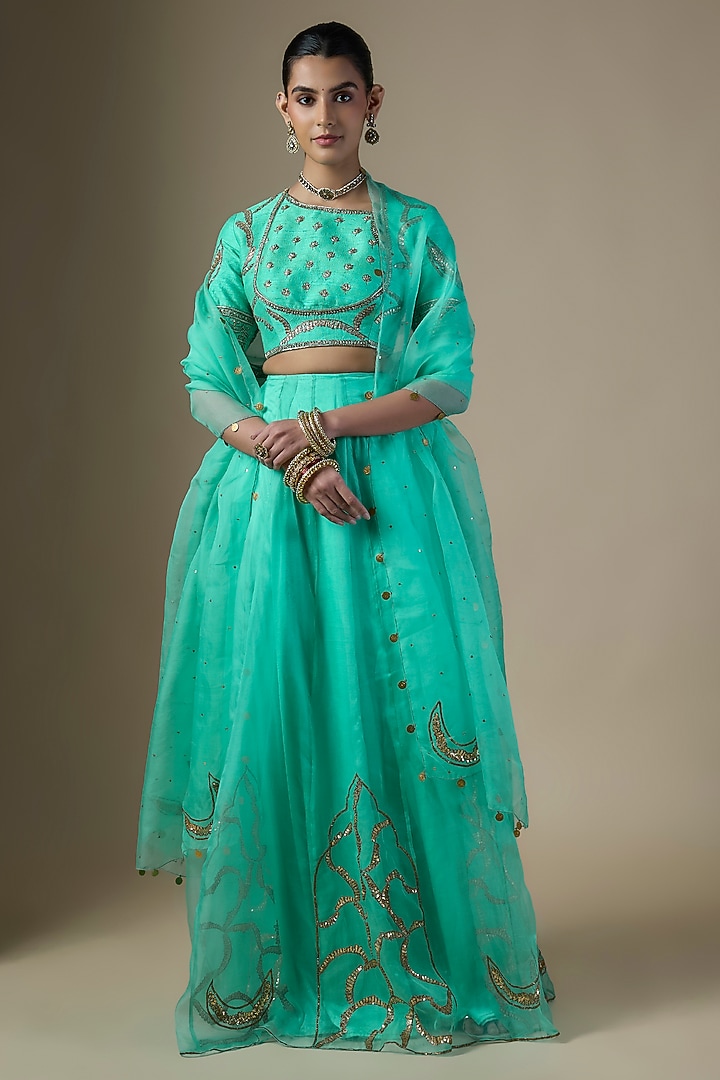 Sea Green Pure Silk Organza Embroidered Wedding Lehenga Set by Ranbir Mukherjee at Pernia's Pop Up Shop