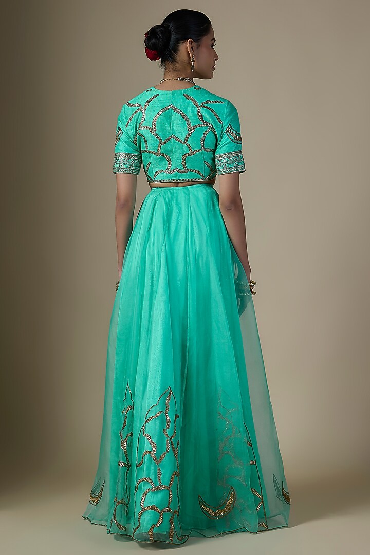 Sea Green Pure Silk Organza Embroidered Wedding Lehenga Set by Ranbir Mukherjee at Pernia's Pop Up Shop