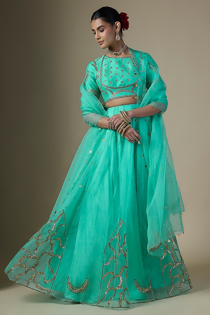 Sea Green Pure Silk Organza Embroidered Wedding Lehenga Set by Ranbir Mukherjee at Pernia's Pop Up Shop