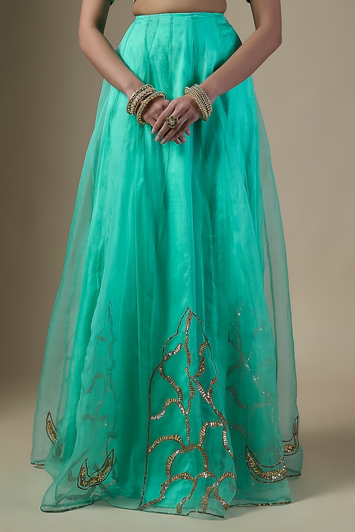Sea Green Pure Silk Organza Embroidered Wedding Lehenga Set by Ranbir Mukherjee at Pernia's Pop Up Shop