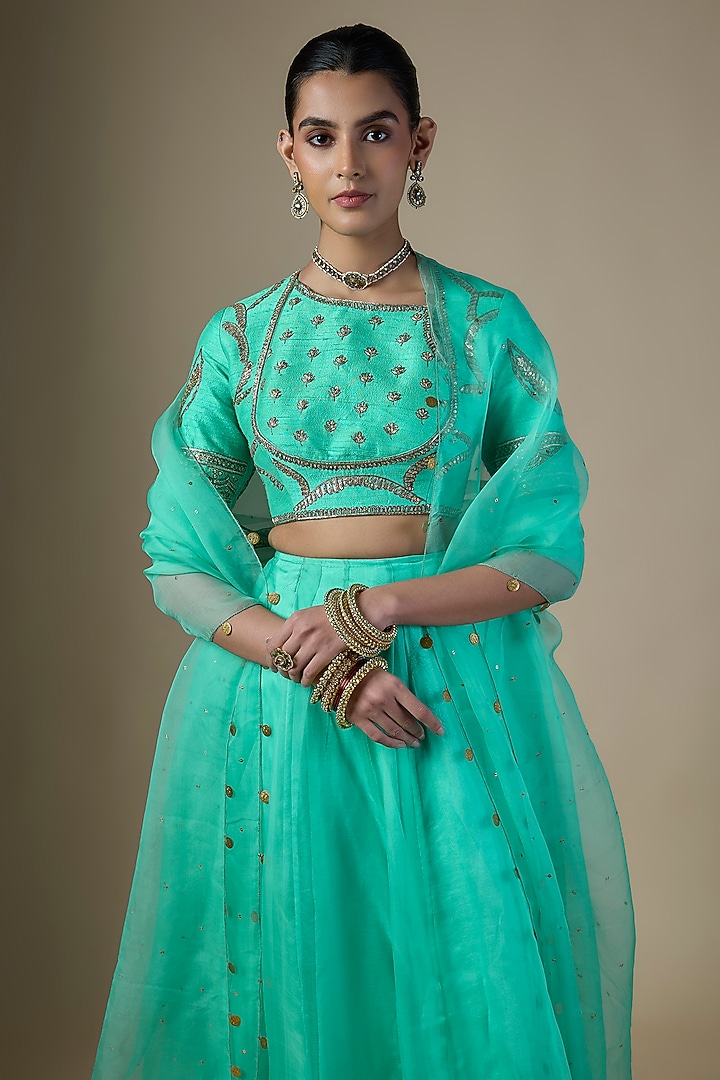 Sea Green Pure Silk Organza Embroidered Wedding Lehenga Set by Ranbir Mukherjee at Pernia's Pop Up Shop