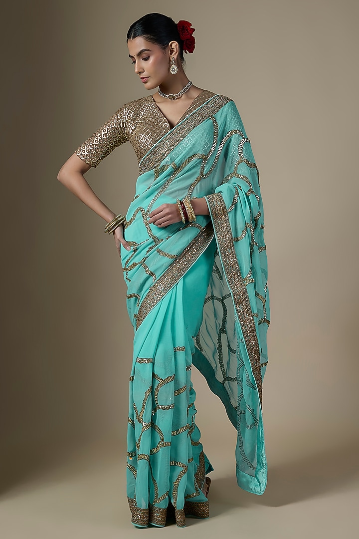 Light Blue Georgette Embroidered Wedding Saree Set by Ranbir Mukherjee at Pernia's Pop Up Shop