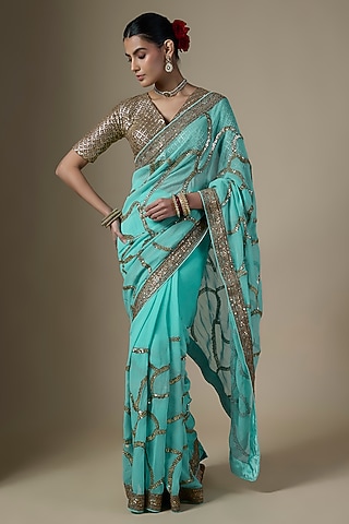 Light Blue Georgette Embroidered Saree Set by Ranbir Mukherjee