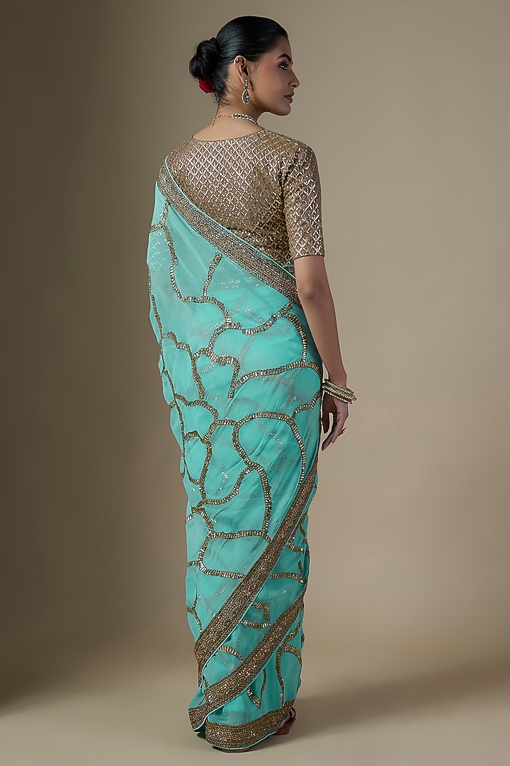 Light Blue Georgette Embroidered Wedding Saree Set by Ranbir Mukherjee at Pernia's Pop Up Shop
