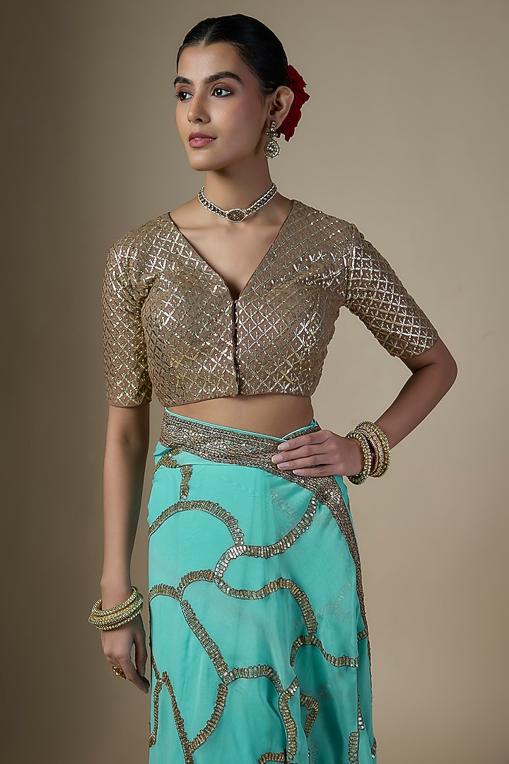Light Blue Georgette Embroidered Wedding Saree Set by Ranbir Mukherjee at Pernia's Pop Up Shop