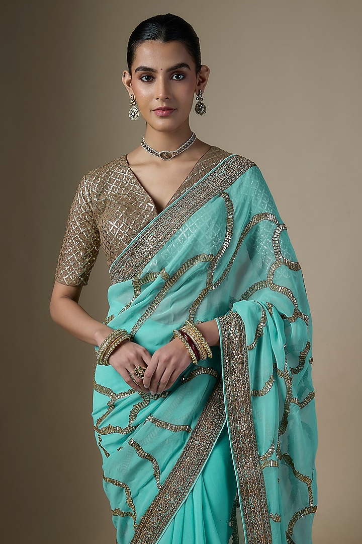 Light Blue Georgette Embroidered Wedding Saree Set by Ranbir Mukherjee at Pernia's Pop Up Shop