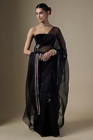 Black Pure Silk Organza Embroidered Saree Set by Ranbir Mukherjee