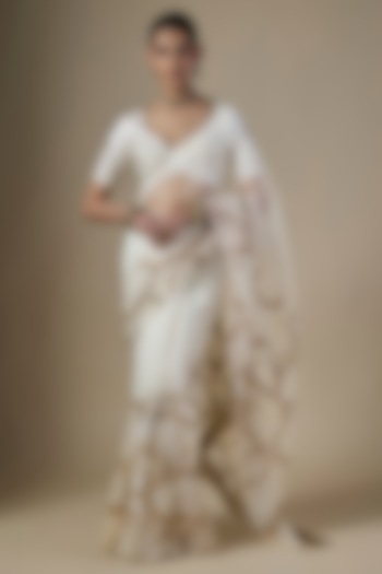 White Pure Silk Organza Embroidered Wedding Saree Set by Ranbir Mukherjee at Pernia's Pop Up Shop