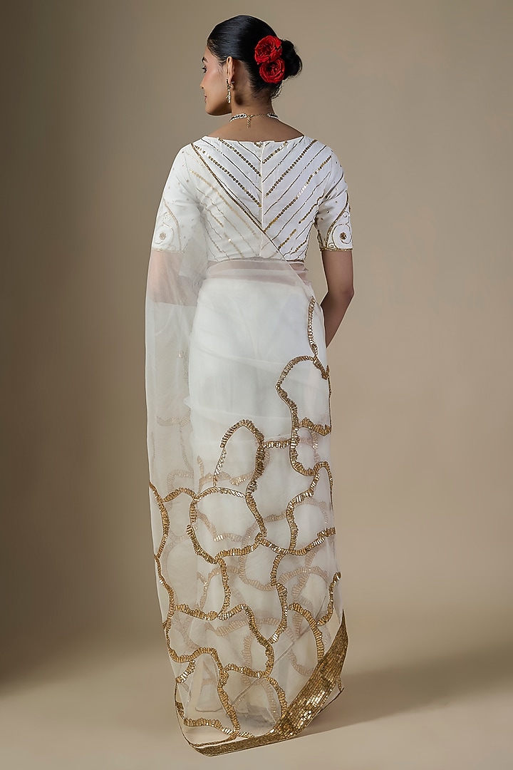 White Pure Silk Organza Embroidered Wedding Saree Set by Ranbir Mukherjee at Pernia's Pop Up Shop