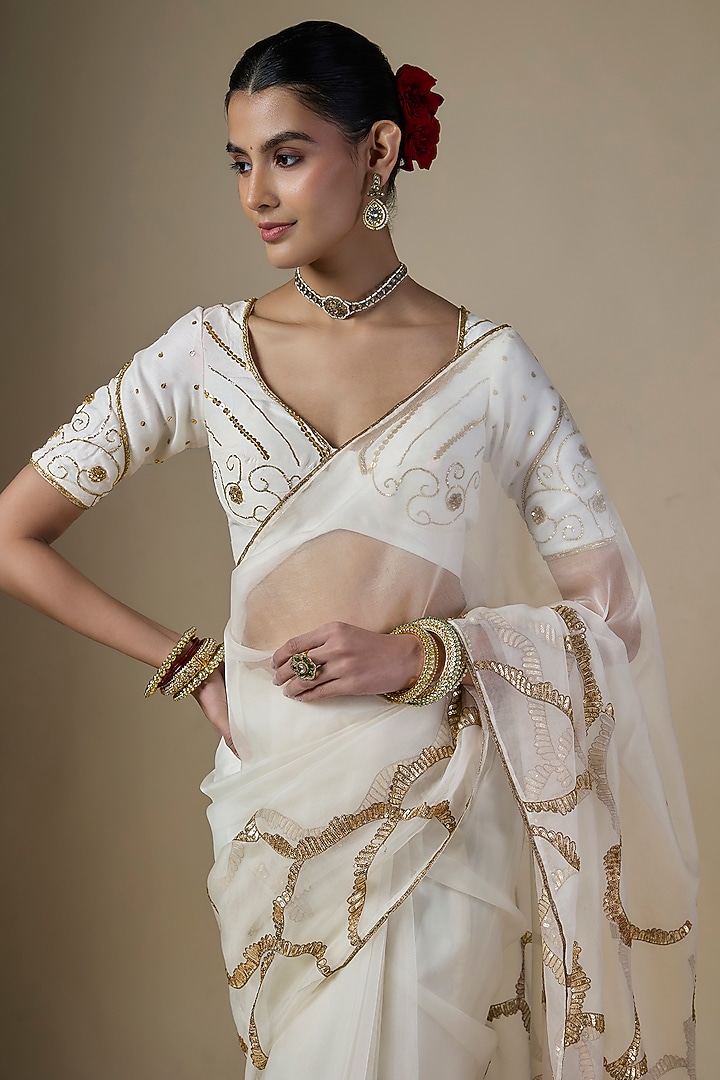 White Pure Silk Organza Embroidered Wedding Saree Set by Ranbir Mukherjee at Pernia's Pop Up Shop