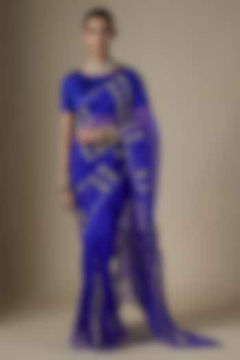 Royal Blue Pure Silk Organza Embroidered Wedding Saree Set by Ranbir Mukherjee at Pernia's Pop Up Shop