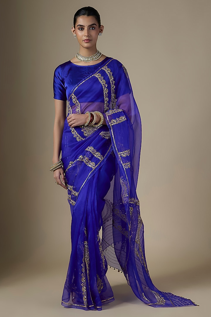 Royal Blue Pure Silk Organza Embroidered Wedding Saree Set by Ranbir Mukherjee at Pernia's Pop Up Shop