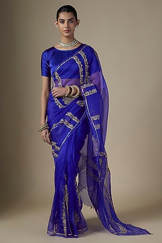 Royal Blue Pure Silk Organza Embroidered Saree Set by Ranbir Mukherjee