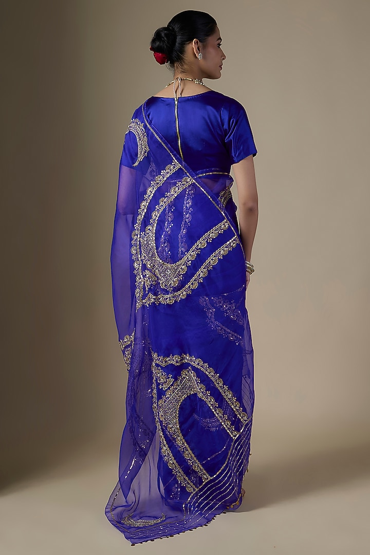 Royal Blue Pure Silk Organza Embroidered Wedding Saree Set by Ranbir Mukherjee at Pernia's Pop Up Shop