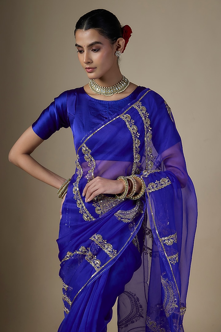 Royal Blue Pure Silk Organza Embroidered Wedding Saree Set by Ranbir Mukherjee at Pernia's Pop Up Shop