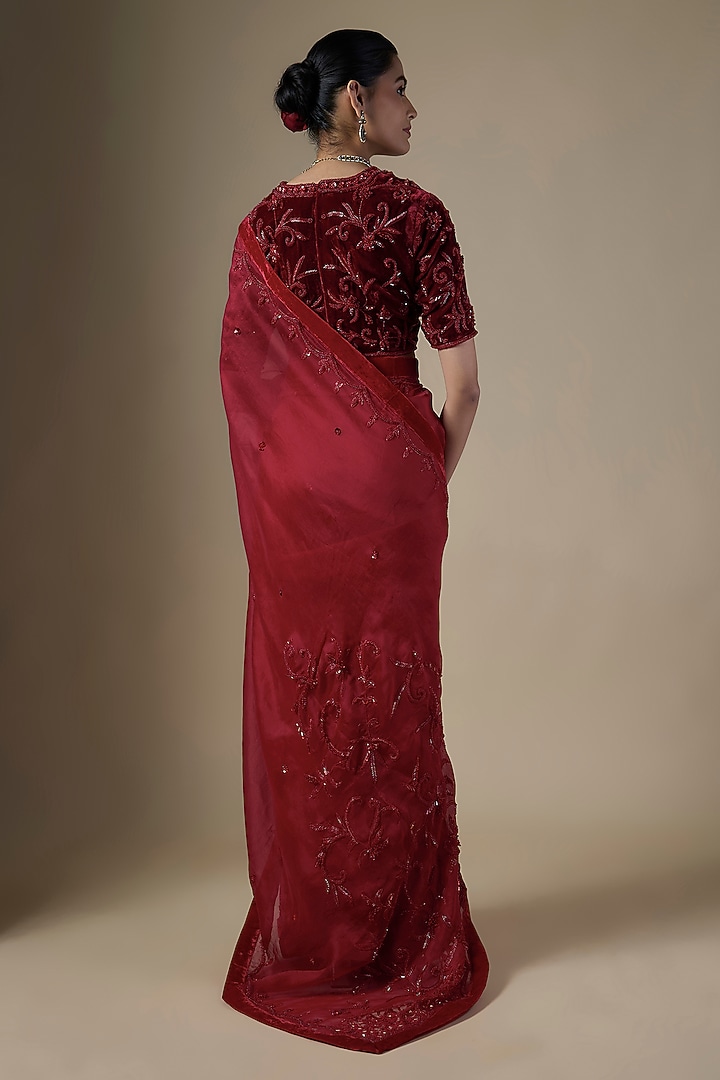 Red Pure Silk Organza Embroidered Wedding Saree Set by Ranbir Mukherjee at Pernia's Pop Up Shop