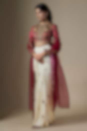 White Pure Satin Silk Embroidered Draped Skirt Set by Ranbir Mukherjee at Pernia's Pop Up Shop