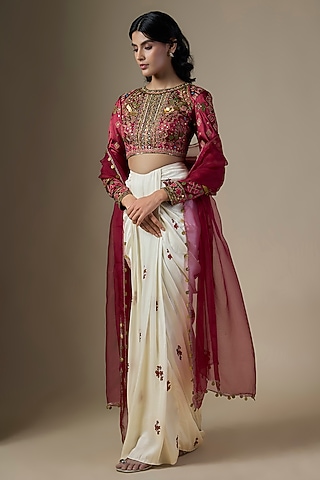 White Pure Satin Silk Embroidered Draped Skirt Set by Ranbir Mukherjee